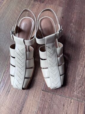 Bernardo Cream Braided T-Strap Slingback Sandals